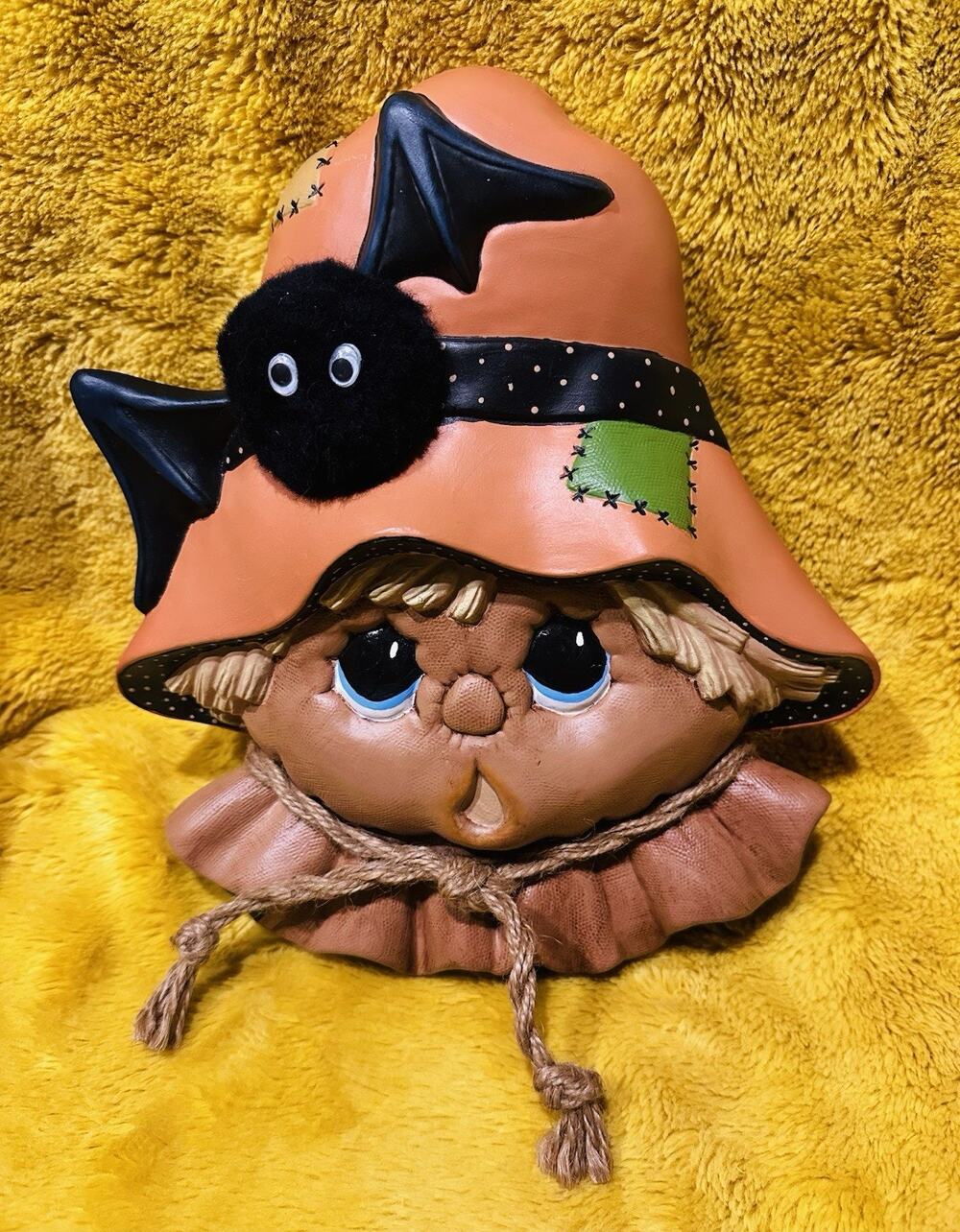 Vintage Hand Painted Scarecrow Halloween Ceramic Wall Hanging Spider Decor Party